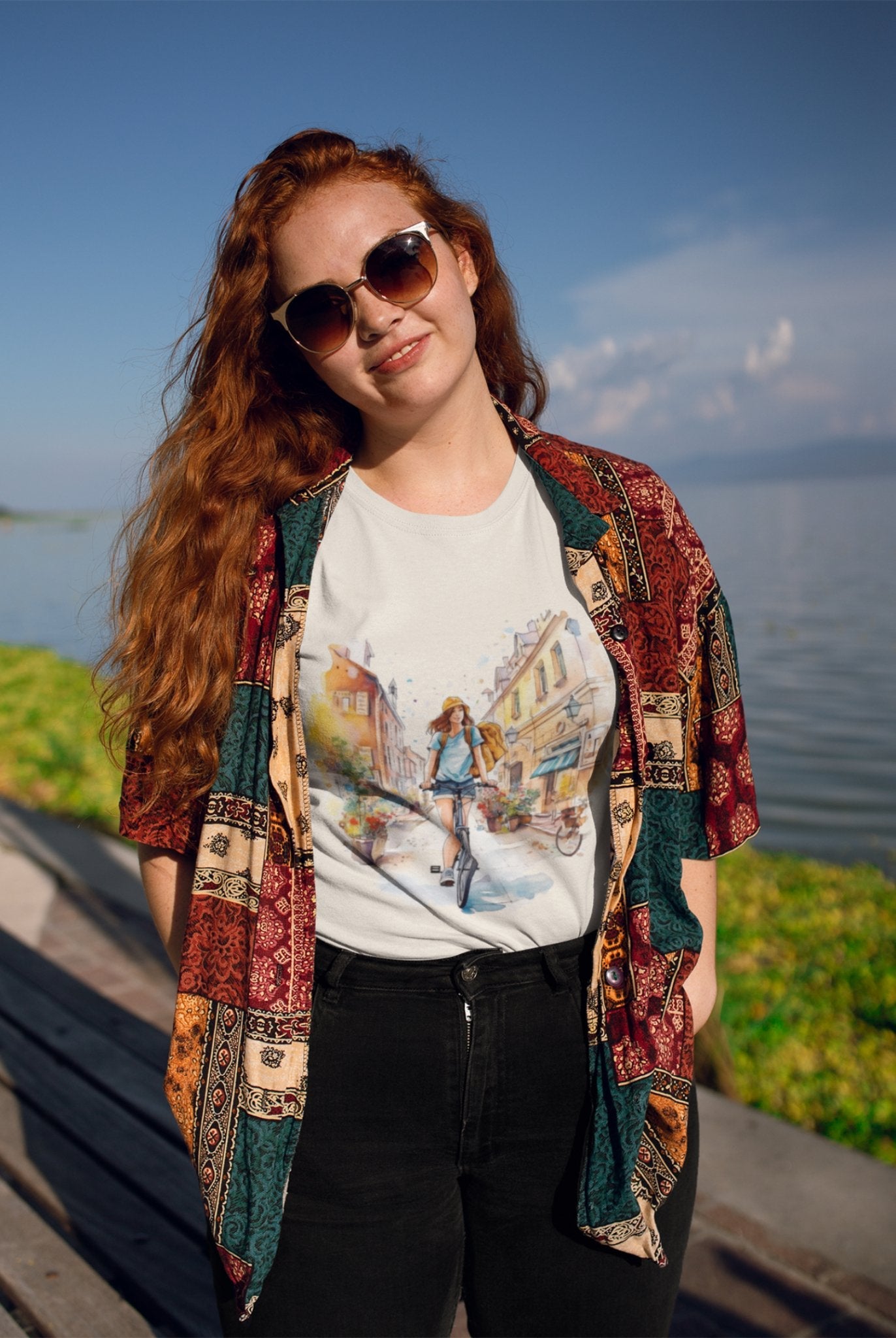 A woman with long red hair is by the lakeside under a clear sky, wearing sunglasses and a colorful patterned shirt layered over an eco-friendly "Pedal through Life" T-shirt that features a street scene design. Soft sunlight casts gentle shadows, highlighting the lush greenery and tranquil water that mirror her commitment to sustainable living.