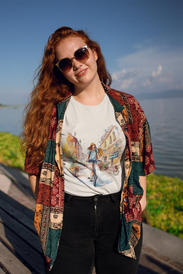 A woman with long red hair is by the lakeside under a clear sky, wearing sunglasses and a colorful patterned shirt layered over an eco-friendly "Pedal through Life" T-shirt that features a street scene design. Soft sunlight casts gentle shadows, highlighting the lush greenery and tranquil water that mirror her commitment to sustainable living.