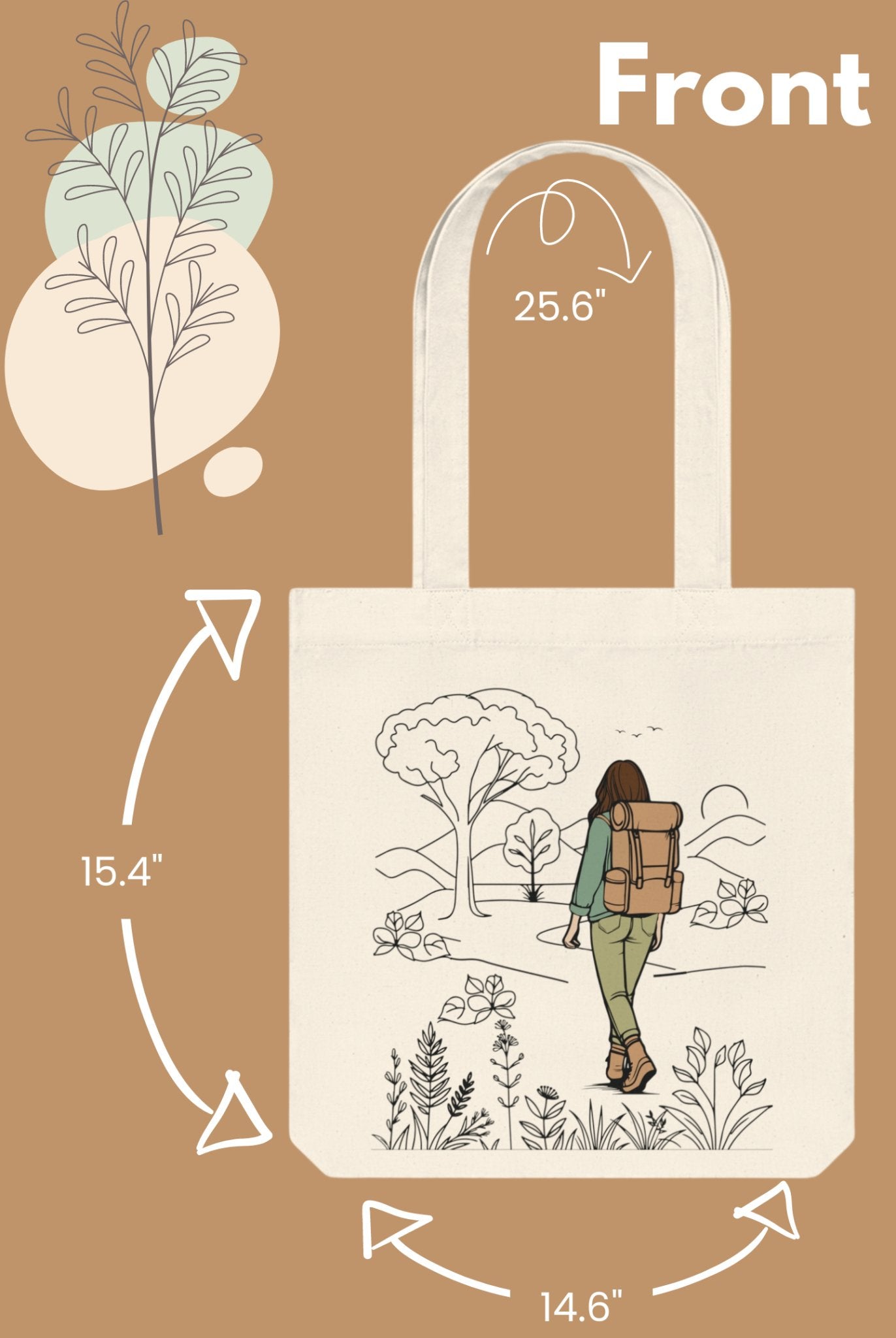 Introducing The Adventurous Woman Tote Bag, featuring a captivating hiking scene illustration. It has a 25.6-inch strap, is 15.4 inches high, and 14.6 inches wide. The design includes a brown background with abstract plant motifs in the corners, making it an ideal choice for eco-conscious and sustainable travel enthusiasts.