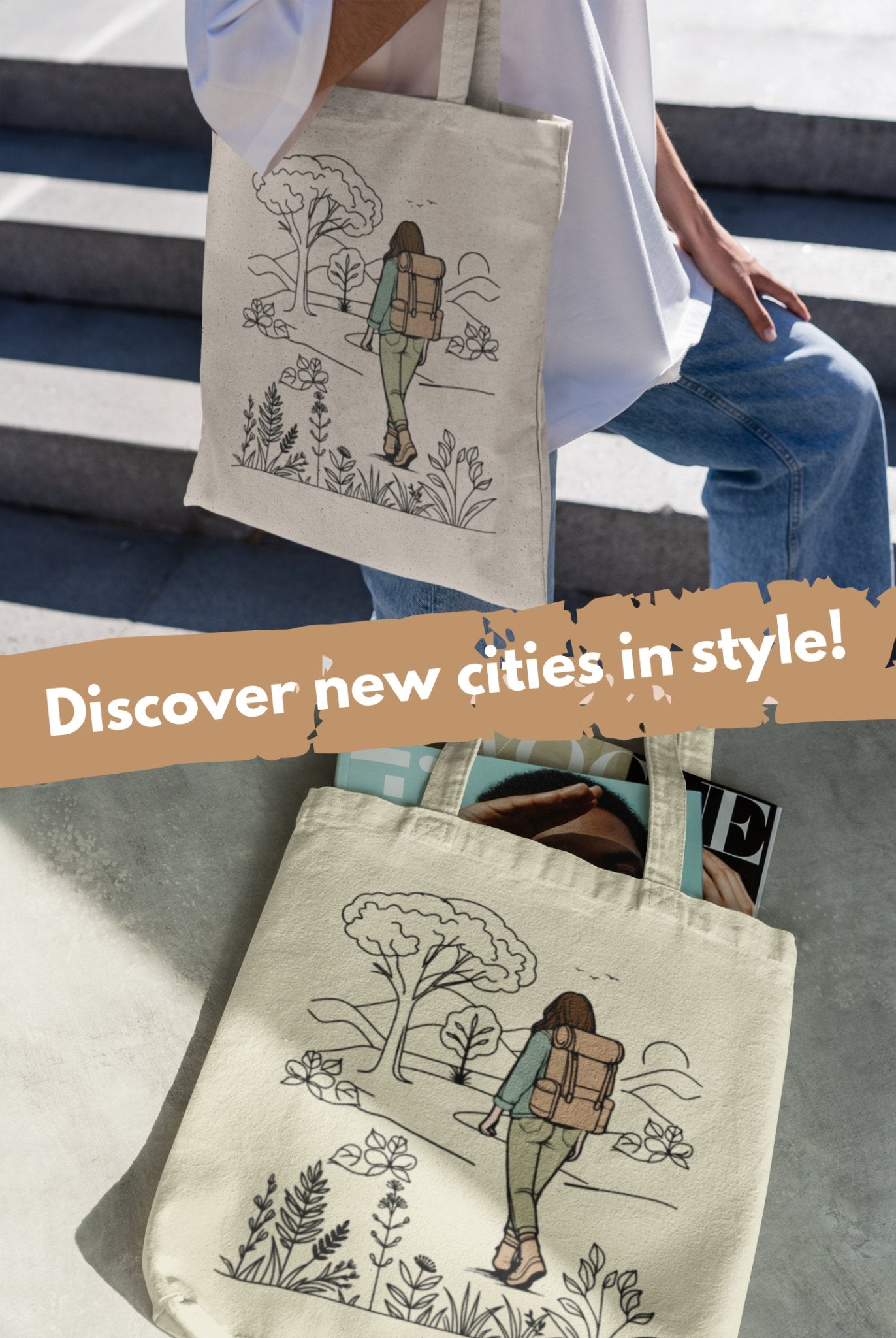 A person sits on the steps holding The Adventurous Woman Tote Bag, beautifully illustrated with a park scene. Below, it's shown with a magazine inside. Text reads, "Discover new cities in style!" Ideal for the eco-conscious traveler, it features trees and a backpacked figure promoting sustainable travel.