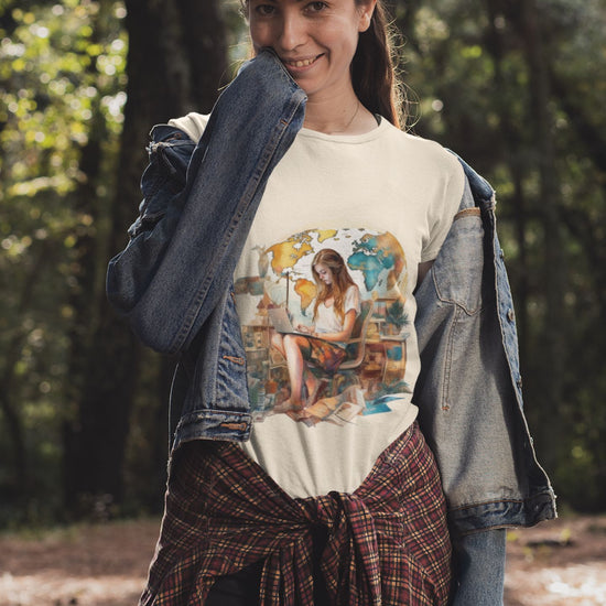 A smiling woman stands in a sunlit forest, embodying the spirit of digital nomads while wearing a black cap, denim jacket, black shorts, and a plaid shirt tied at her waist. Her white graphic T-shirt with a seated person drawing highlights the Wanderlust Workspace Tees brand against an eco-friendly backdrop of trees and dappled sunlight.