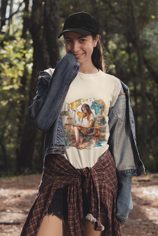 A smiling woman stands in a sunlit forest, embodying the spirit of digital nomads while wearing a black cap, denim jacket, black shorts, and a plaid shirt tied at her waist. Her white graphic T-shirt with a seated person drawing highlights the Wanderlust Workspace Tees brand against an eco-friendly backdrop of trees and dappled sunlight.