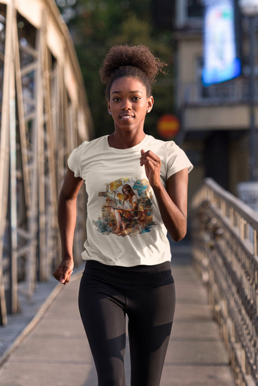 A woman jogs along a metal bridge, donning a white Wanderlust Workspace Tee featuring a vibrant graphic and black leggings. Her expression is focused, her curly hair neatly tied back. The urban buildings behind suggest an eco-friendly cityscape, sunlight emphasizing her athletic form as she embraces the wanderlust lifestyle.